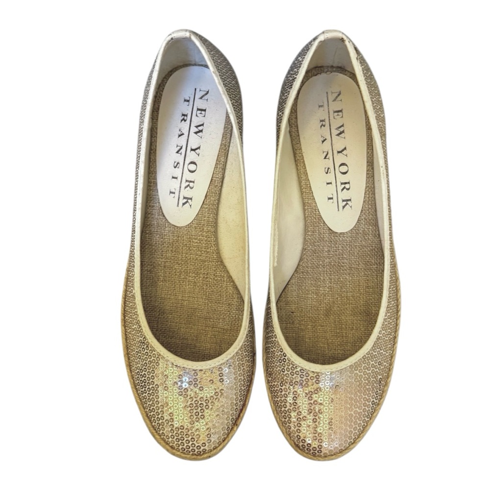New York Transit Espadrilles Flats Sequined Gold Slip On Shoes Size 9.5